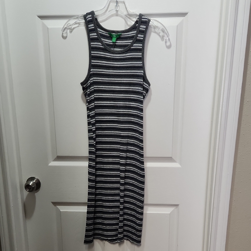 3/$10 dip Gray and White Striped Midi Dress